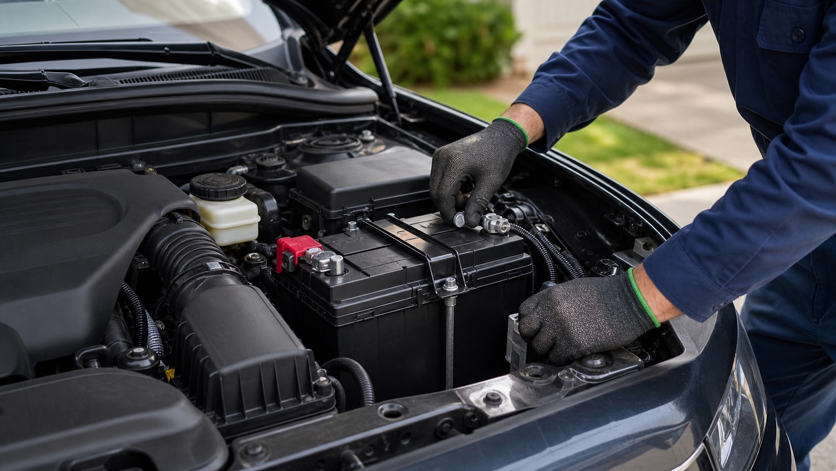 Technician installing a standard 12-volt car battery