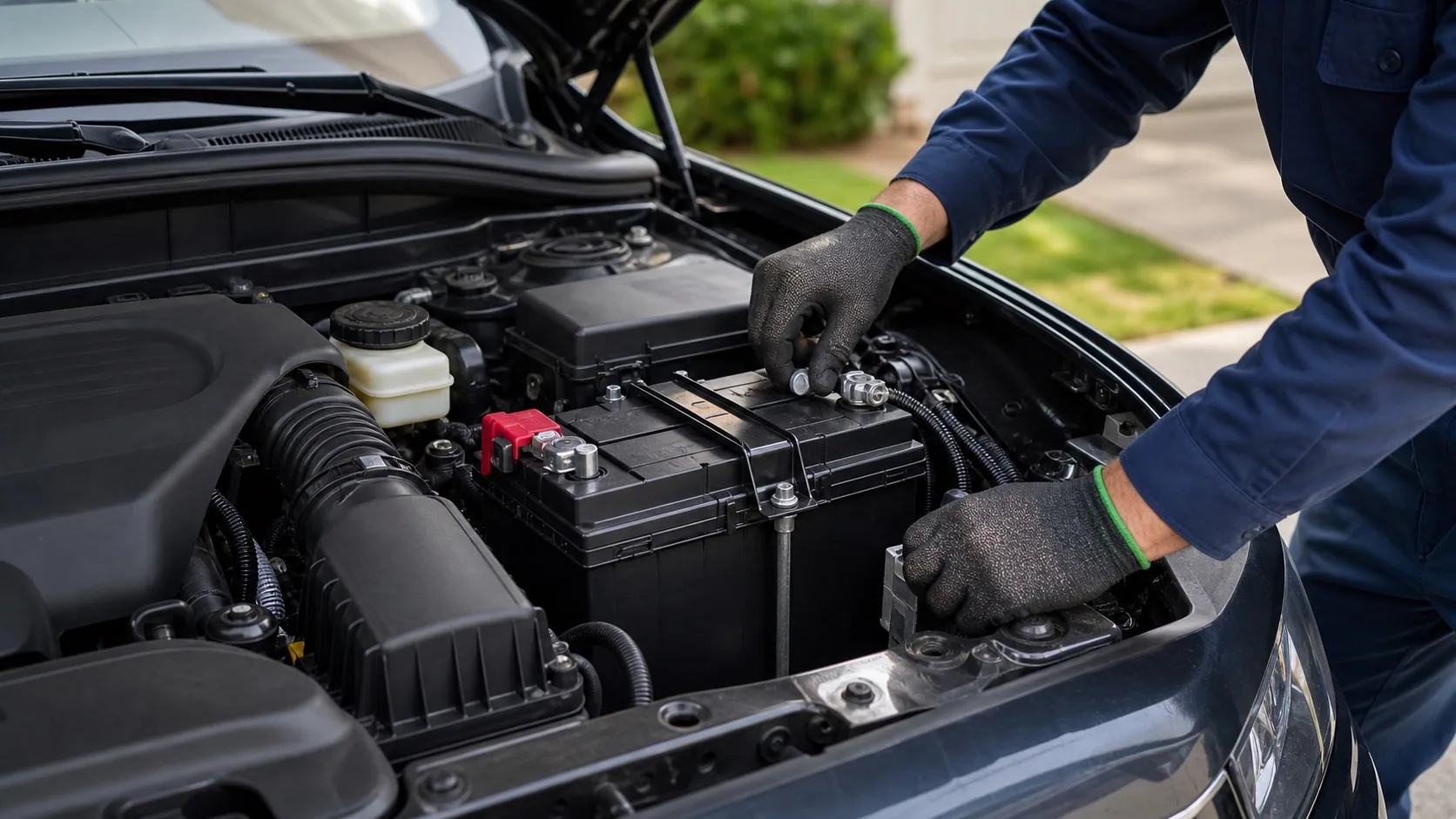 Technician installing a compatible standard 12-volt vehicle battery at a customer location