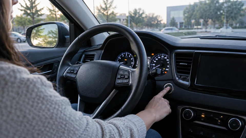 Driver pressing the start button while the dashboard lights are illuminated in a parked car
