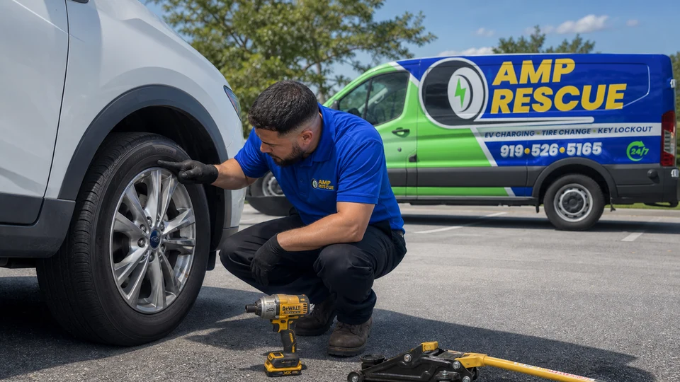 Driver reading the tire size printed on a passenger vehicle tire before requesting mobile replacement