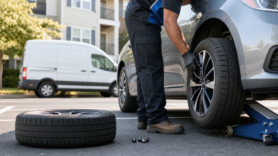 Mobile technician installing a replacement tire at an apartment parking area
